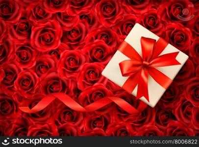 Holiday background with gift box and red bow on background of red flowers. Vector illustration.
