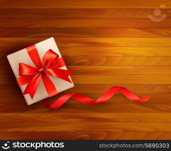 Holiday background with gift box and red ribbons. Vector