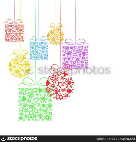 Holiday background with gift boxes and decor balls with stars and snowflakes, stock vector illustration