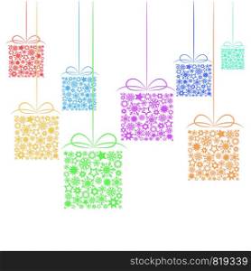 Holiday background with gift boxes with stars and snowflakes, stock vector illustration