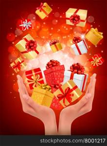 Holiday background with hands holding gift boxes. Concept of giving presents. Vector illustration.