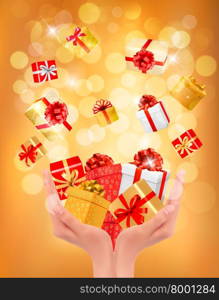 Holiday background with hands holding gift boxes. Concept of giving presents. Vector illustration.