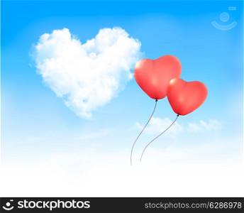 Holiday background with heart shape of cloud on blue sky and red ballons. Valentine&rsquo;s Day. Vector illustration