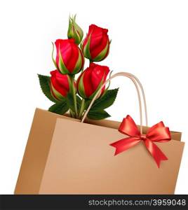 Holiday Background With Paper Shopping Bag with Bouquet Of Red Roses. Vector.