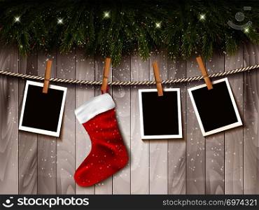 Holiday background with photos and a red christmas socket. Vector.