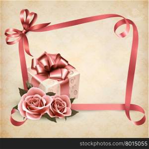 Holiday background with pink roses and gift box and ribbon. Vector.
