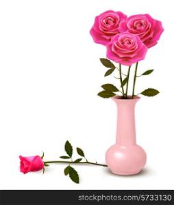 Holiday background with pink roses in a vase. Vector.