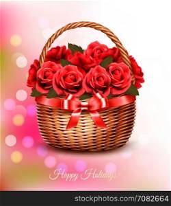 Holiday background with red flowers and basket and red ribbon. Vector.