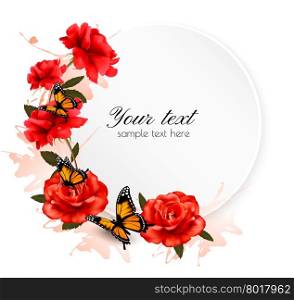 Holiday background with red flowers and butterfly. Vector.