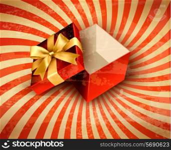 Holiday background with red gift ribbon with open gift box Vector
