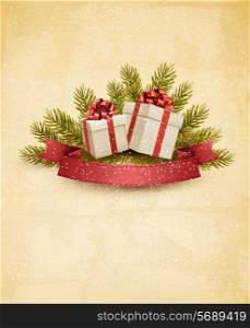 Holiday background with ribbon and red gift boxes. Vector.