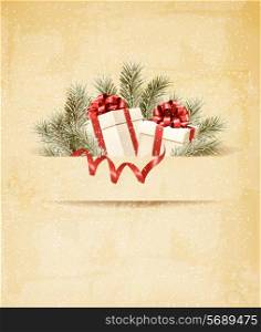 Holiday background with ribbon and red gift boxes. Vector.