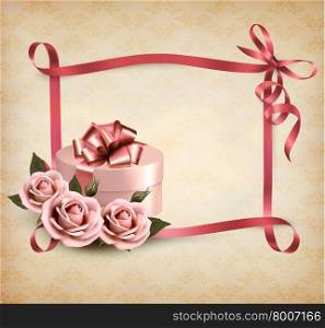 Holiday background with three roses and gift box and ribbon. Vector.