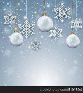 Holiday background with white Christmas decorations and paper snowflakes. Vector illustration.