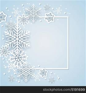 Holiday background with white paper snowflakes in frame. Abstract Christmas banner.