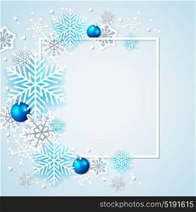 Holiday background with white snowflakes and blue decorations in frame. Abstract Christmas banner.