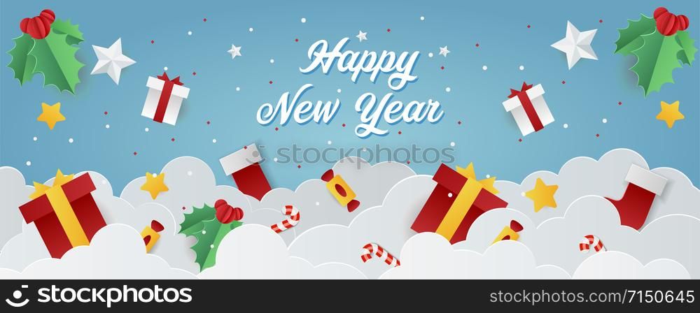 Holiday banner background for New Year shopping sale. Happy New white blank paper with christmas elements. Design with for web online store or shop promo offer