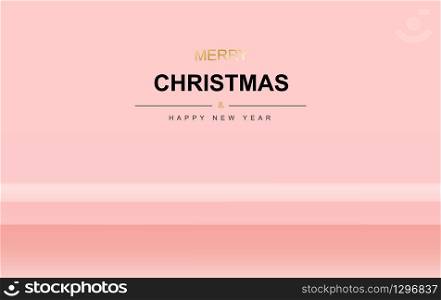 Holiday banner Merry Christmas and Happy New Year.Creative modern minimal Xmas background with realistic festive objects For past gift box stand on shelf podium.Winter season composition wallpaper