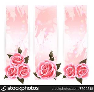 Holiday banners with pink beautiful roses. Vector
