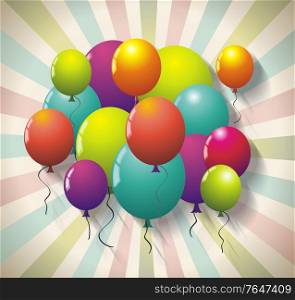 Holiday beams background with bright ballons, vector illustration.