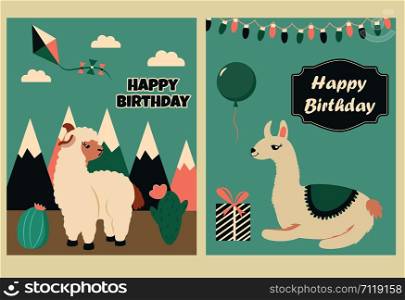 Holiday birthday card with cute lama in the mountaons. Holiday birthday card with cute lama in mountains