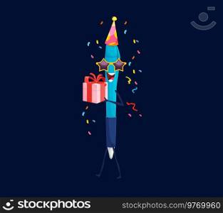 Holiday birthday celebration, cartoon pen character. Cheerful vector school or office stationery, happy writing tool personage wear festive hat and eyeglasses holding gift box under confetti rain. Holiday birthday celebration, funny pen character