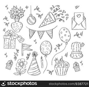 holiday birthday. Festive collection doodles. Bouquet flowers, birthday hat, cake, balloons, gifts and garlands. Isolated vector linear hand drawings for design and decoration