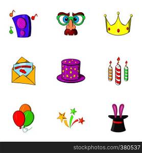 Holiday birthday icons set. Cartoon illustration of 9 holiday birthday vector icons for web. Holiday birthday icons set, cartoon style