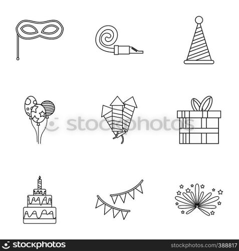 Holiday birthday icons set. Outline illustration of 9 holiday birthday vector icons for web. Holiday birthday icons set, outline style