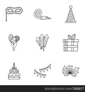 Holiday birthday icons set. Outline illustration of 9 holiday birthday vector icons for web. Holiday birthday icons set, outline style
