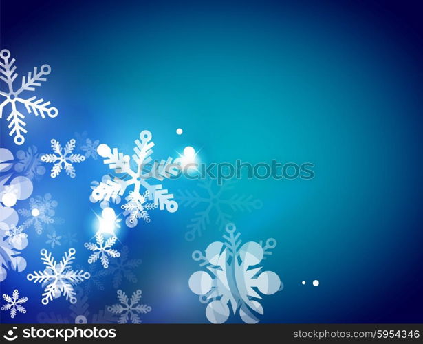 Holiday blue abstract background, winter snowflakes, Christmas and New Year design template, light shiny modern vector illustration