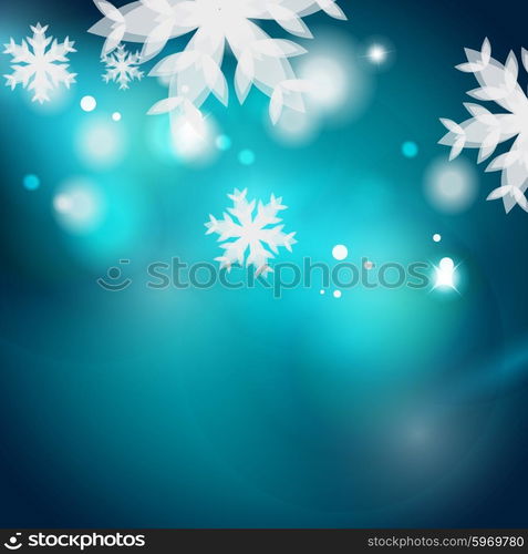 Holiday blue abstract background, winter snowflakes, Christmas and New Year design template, light shiny modern vector illustration