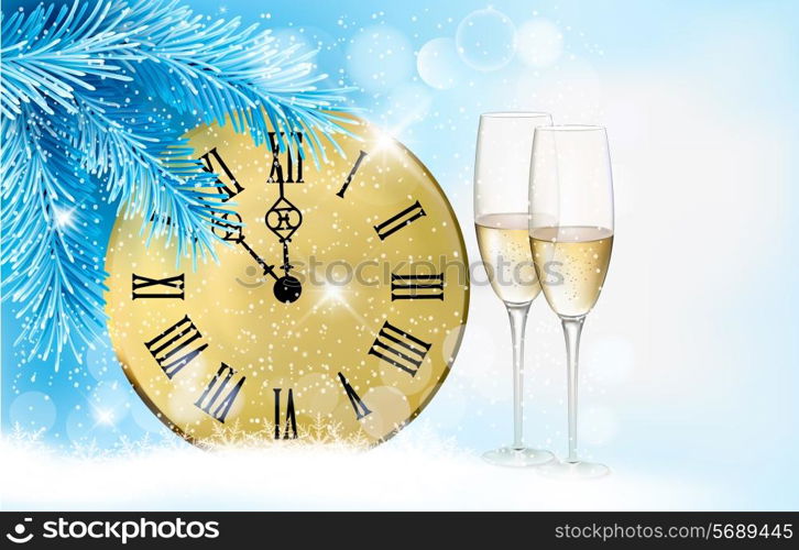 Holiday blue background with champagne glasses and clock . Vector illustration.