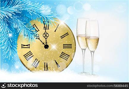 Holiday blue background with champagne glasses and clock . Vector illustration.