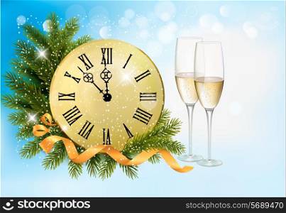 Holiday blue background with champagne glasses and clock . Vector illustration.