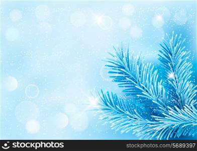Holiday blue background with tree branches and snowflake. Vector illustration.