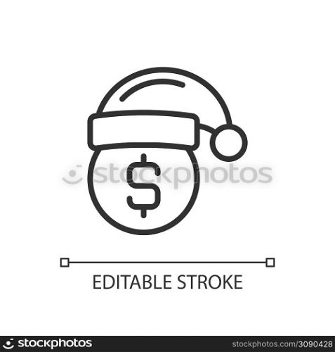 Holiday bonus pixel perfect linear icon. Christmas premium pay. Showing appreciation for employees. Thin line illustration. Contour symbol. Vector outline drawing. Editable stroke. Arial font used. Holiday bonus pixel perfect linear icon