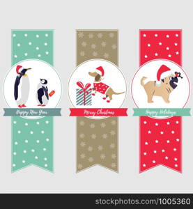 Holiday bookmarks with cute penguins and dogs.. Holiday bookmarks with cute penguins and dogs
