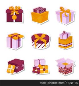 Holiday boxes and package gift container paper stickers isolated vector illustration