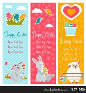 Holiday bright banners with Easter rabbits, sheep and eggs. Holiday bright banners with rabbits, sheep, eggs