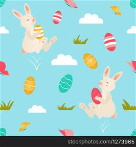 Holiday bright pattern with cute Easter rabbits and eggs. Holiday bright pattern with cute Easter rabbits