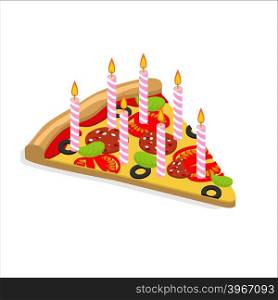 Holiday candles pizza with isometrics. Birthday fast food. Food is food for birthday. Festive meal&#xA;