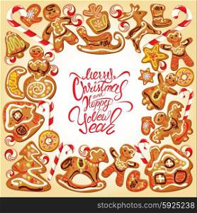 Holiday card. Border with xmas gingerbread - cookies in reindeer, star, moon, people, heart, house and fir-tree shapes. Calligraphic text Merry Christmas and Happy New Year