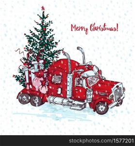 Holiday card Hand drawn red truck with christmas tree and gifts isolated on white background Vintage sketch xmas lorry transport Large Industrial car, giant machine Engraving style Vector illustration. Holiday card Hand drawn red truck with christmas tree and gifts isolated on white background. Vintage sketch xmas lorry transport. Large Industrial car, giant machine. Engraving art style