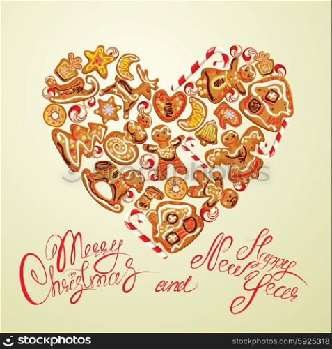 Holiday card. Heart shape with xmas gingerbread - reindeer, star, moon, people, house. Calligraphic text Merry Christmas and Happy New Year