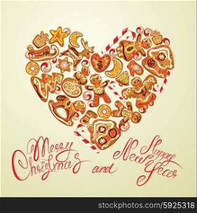 Holiday card. Heart shape with xmas gingerbread - reindeer, star, moon, people, house. Calligraphic text Merry Christmas and Happy New Year