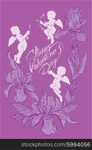 Holiday card with cute angels and orchid flowers on purple background. Handwritten calligraphic text Happy Valentines Day, Vintage style.