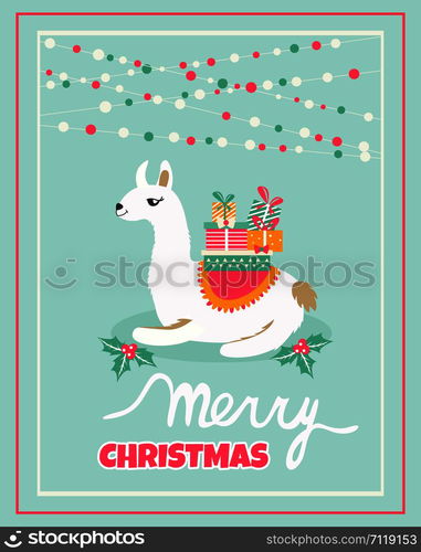 Holiday card with cute lama and presents.. Holiday card with cute lama and presents