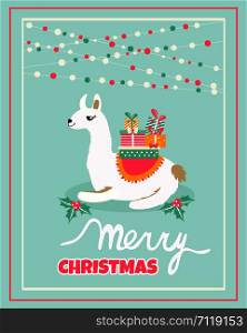 Holiday card with cute lama and presents.. Holiday card with cute lama and presents