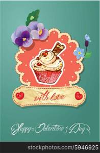 Holiday card with decorated sweet cupcake, flovers, vintage frames and calligraphic text with love, Happy Valentines Day.